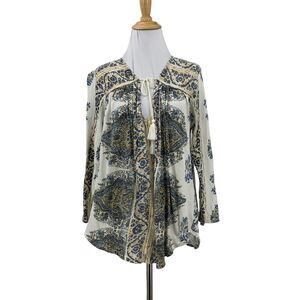 Lucky Brand Boho Blouse Womens M Medium Linen Blend Keyhole Tassel Floral Print
